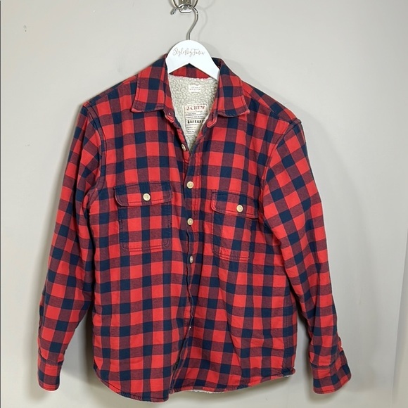 J Crew Mens Shacket Sherpa Lined Red and Blue Plaid Jacket Outdoor Fleece Sz L - Picture 1 of 11
